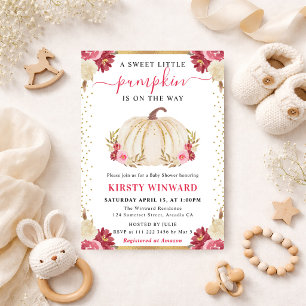 Pink and White Floral Pumpkin Fall Baby Shower Invitation