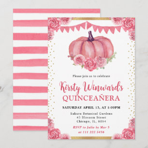 Pink and White Floral Pumpkin Fall Quinceanera Invitation