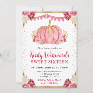 Pink and White Floral Pumpkin Fall Sweet 16 Invitation
