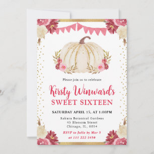 Pink and White Floral Pumpkin Fall Sweet 16 Invitation