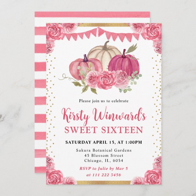 Pink and White Floral Pumpkins Fall Sweet 16 Invitation (Front/Back)