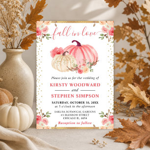 Pink and White Floral Pumpkins Fall Wedding Invitation