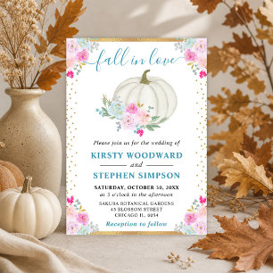 Pink and White Floral Pumpkins Fall Wedding Invitation