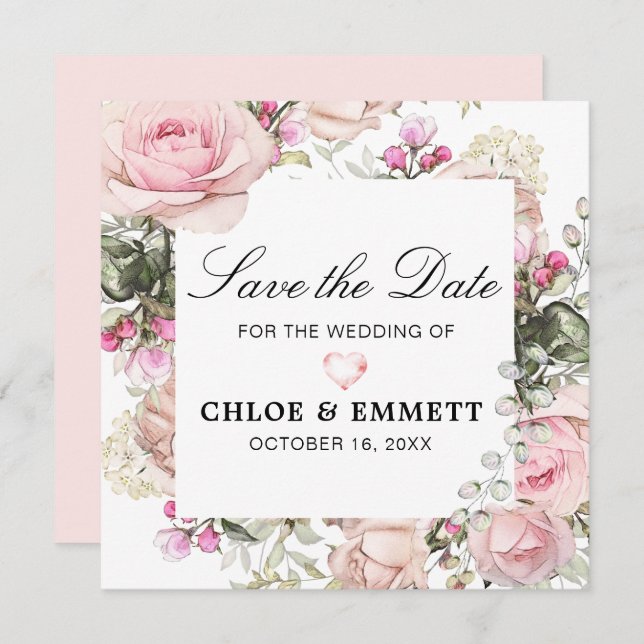 Pink and White Floral Save the Date Invitation (Front/Back)