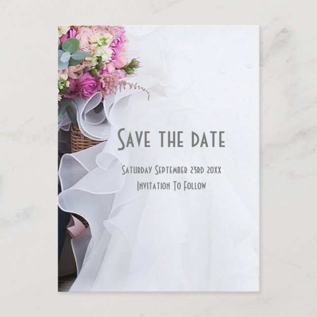 Pink and white floral wedding posy save the date announcement postcard (Front)