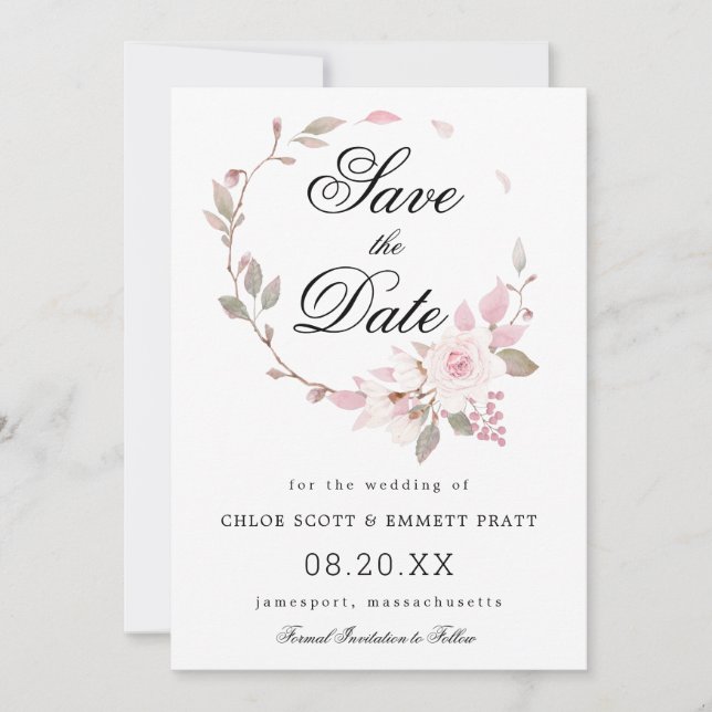 Pink and White Floral Wedding Save The Date (Front)