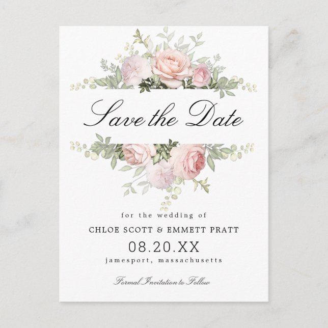 Pink and White Floral Wedding Save the Date Postcard (Front)