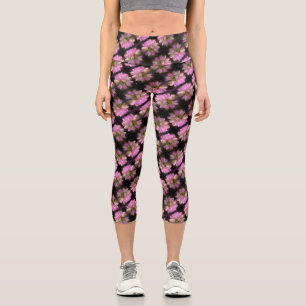 Pink And White Flower Close Up Pattern Neck Capri Leggings