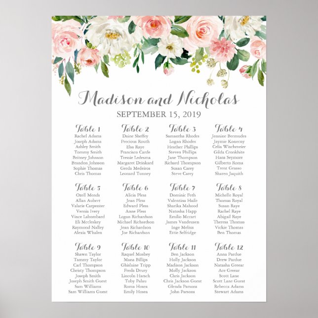 Pink and White Flower Wedding Seating Chart (Front)
