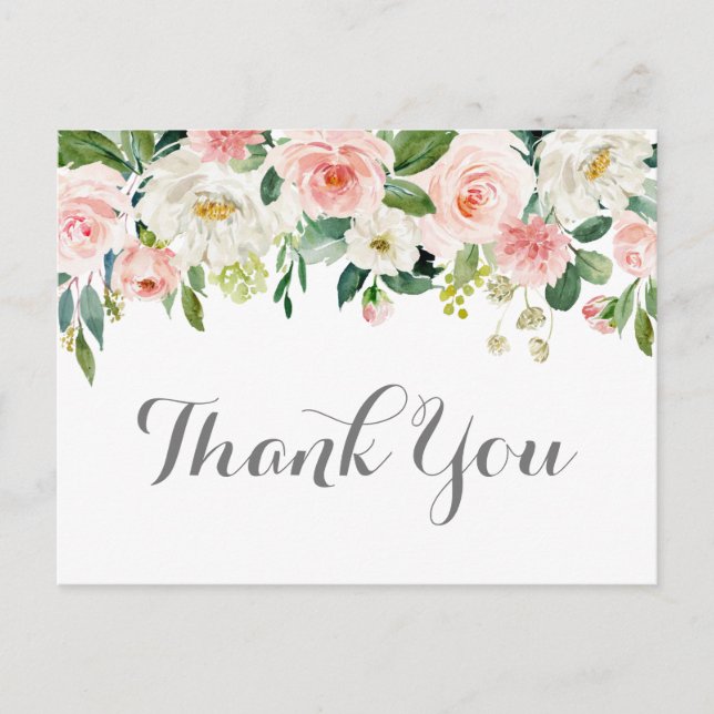 Pink and White Flower Wedding Thank You Postcards (Front)