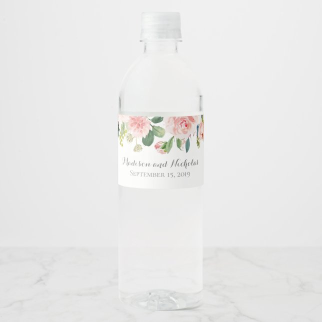 Pink and White Flower Wedding Water Bottle Labels (Front)