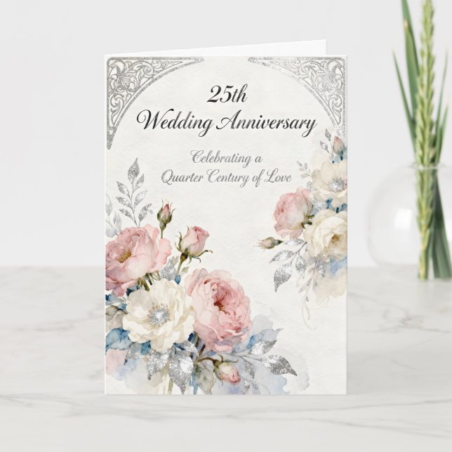 Pink and White Flowers 25th Wedding Anniversary Card (Front)