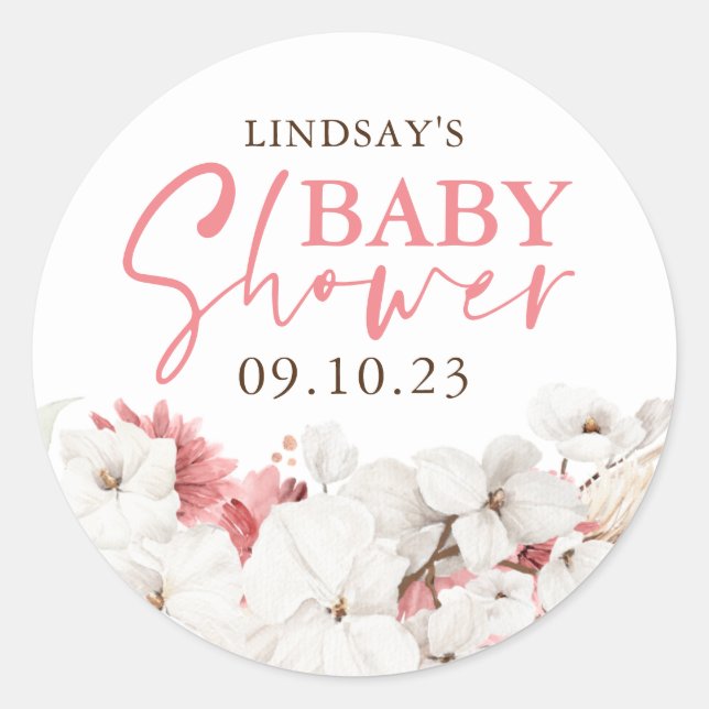 Pink and White Flowers Boho Baby Shower Classic Round Sticker (Front)