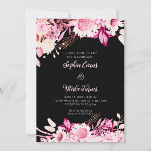 Pink and White Flowers Boho Black Wedding Invitation