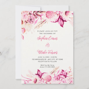 Pink and White Flowers Boho Off White Wedding Invitation