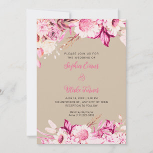 Pink and White Flowers Boho Vanilla Wedding Invitation