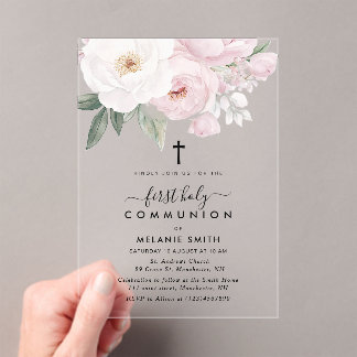 Pink and white flowers first holy communion acrylic invitations