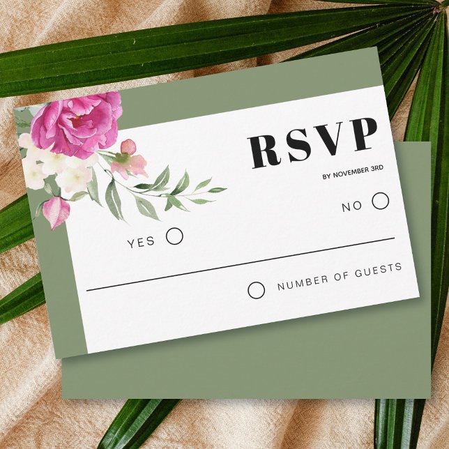 Pink and white flowers floral sage green wedding RSVP card (Creator Uploaded)