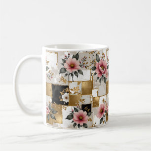 Pink and White Flowers on Gold and Black Squares Coffee Mug