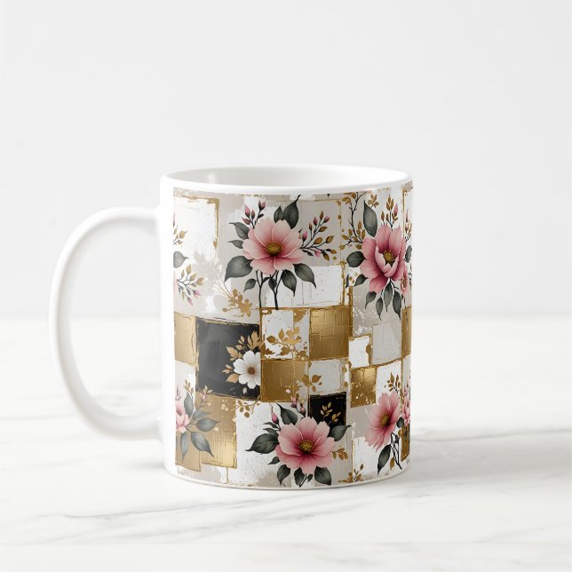 Pink and White Flowers on Gold and Black Squares Coffee Mug (Left)
