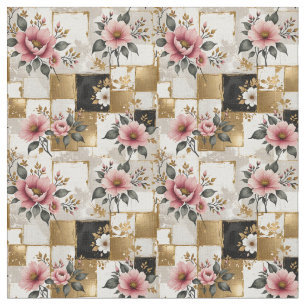 Pink and White Flowers on Gold and Black Squares Fabric
