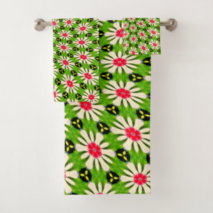 Pink and White Flowers Pattern Bath Towel Set