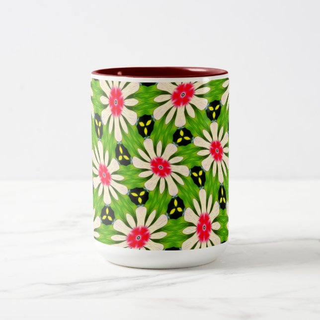 Pink and White Flowers Pattern Two-Tone Coffee Mug (Center)