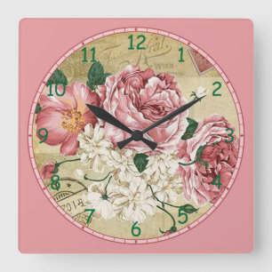 Pink and White Flowers Square Wall Clock