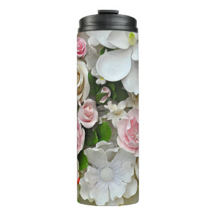 Pink and white flowers thermal tumbler