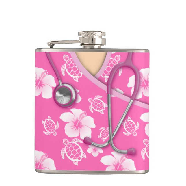 Pink And White Flowers Turtles Medical Scrubs Hip Flask (Front)
