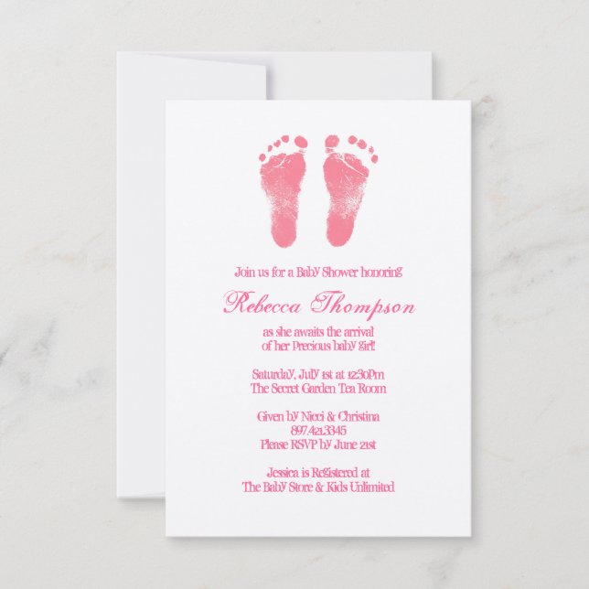 Pink and White Foot Prints Baby Shower Invitation (Front)