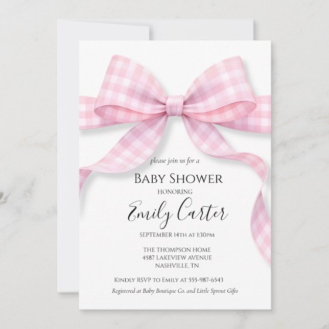 Pink and White Gingham Bow Baby Shower Invitation (Front)