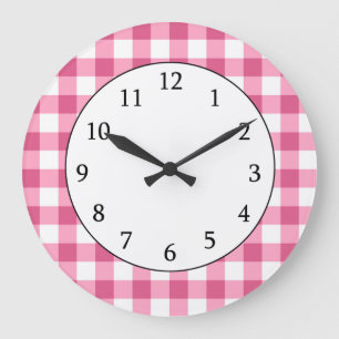 Pink And White Gingham Check Pattern Large Clock