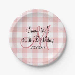 Pink and White Gingham Monogram Birthday Paper Plate