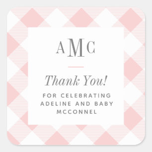 Pink and White Gingham Monogram Thank You Square S Sticker