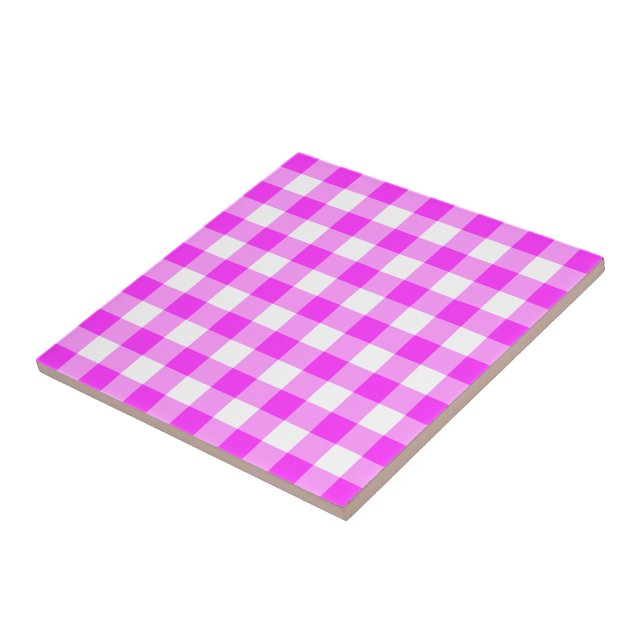 Pink and White Gingham Pattern Ceramic Tile (Side)