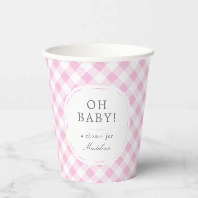 Pink and White Gingham Pattern Oh Baby Shower Paper Cups (Front)