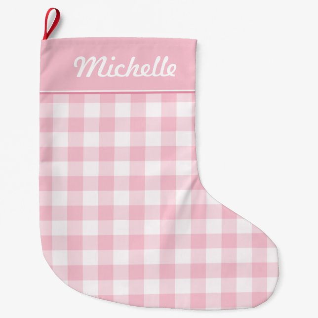 Pink and White Gingham Personalised Large Christmas Stocking (Front)