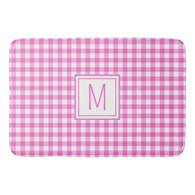 Pink and White Gingham Plaid Monogram Bath Mat (Front)