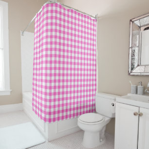 Pink and White Gingham Plaid Monogram Shower Curtain