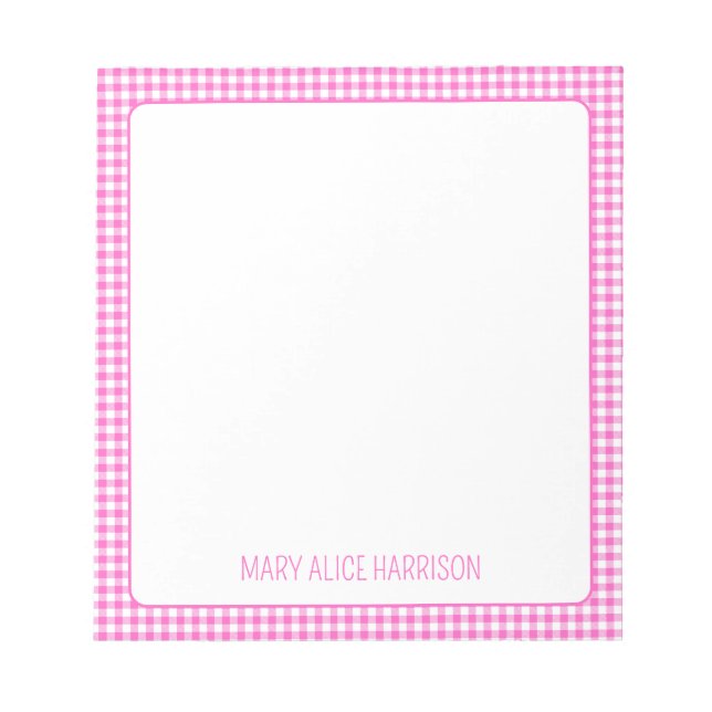 Pink and White Gingham Plaid Personalised Notepad (Front)