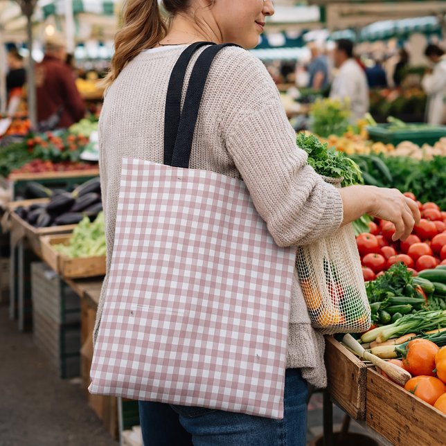 Pink and White Gingham Plaid Shabby Chic Pattern Tote Bag (A tote bag with a pink and white gingham pattern.)