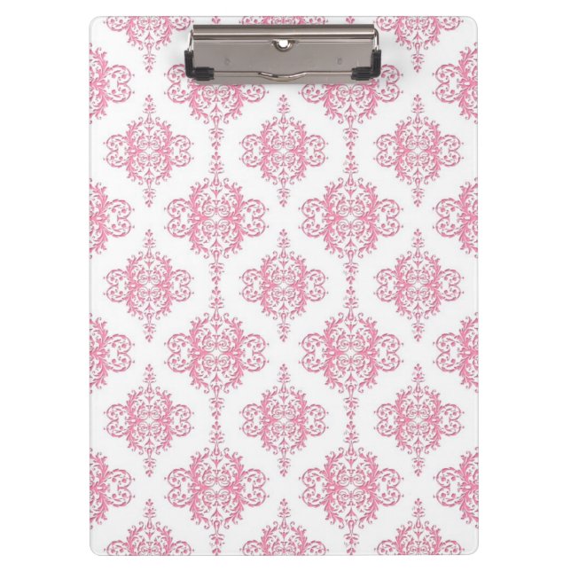 Pink and White Girly Damask Pattern Clipboard (Front)