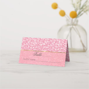 Pink And White Glitter Gold Stripe Place Card