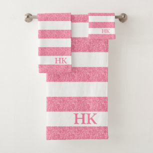 Pink and white glitter stripes pattern bath towel set