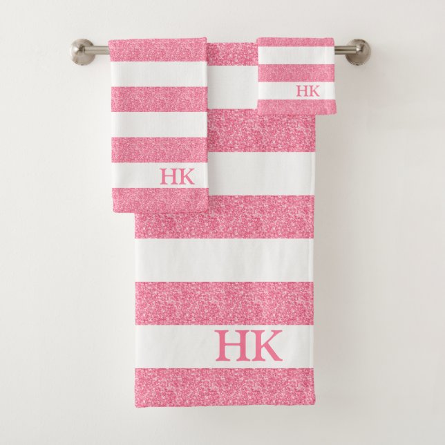 Pink and white glitter stripes pattern bath towel set (Insitu)