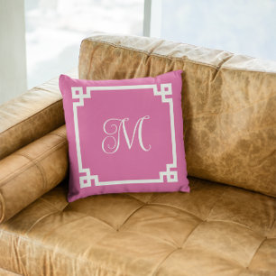Pink and White Greek Key Border Script Monogram Cushion