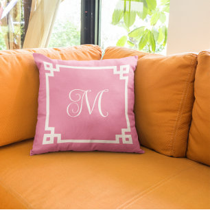 Pink and White Greek Key Border Script Monogram Cushion