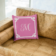 Pink and White Greek Key Border Script Monogram