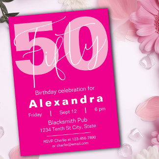 Pink And White Happy 50th Birthday Celebration Invitation